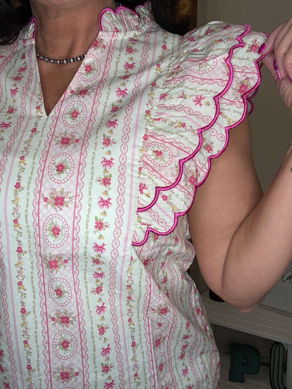 Printed woven scalloped edge detail ruffled sleeves v neck Top