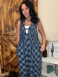 Checkered Denim Jumpsuit with front tie