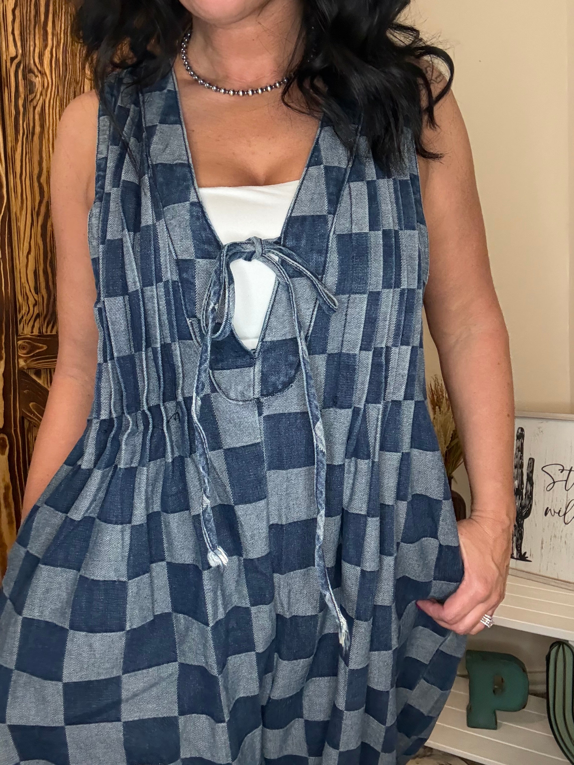 Checkered Denim Jumpsuit with front tie