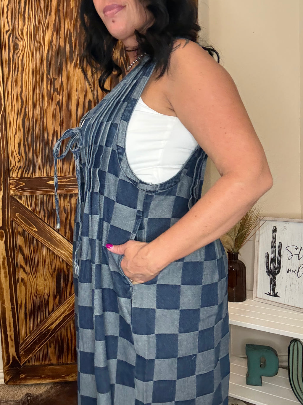 Checkered Denim Jumpsuit with front tie