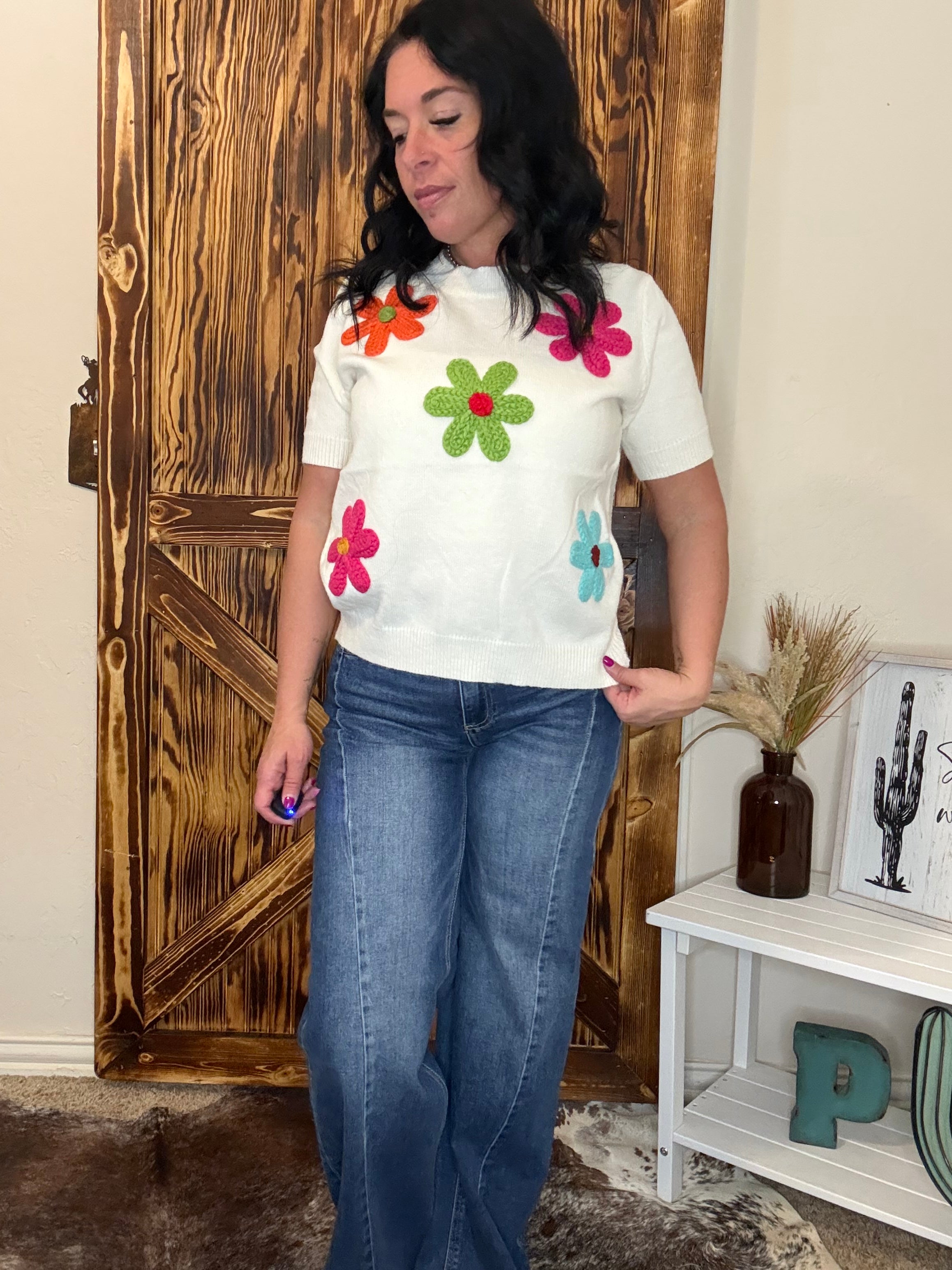 Crochet Flower Patch Sweater Top