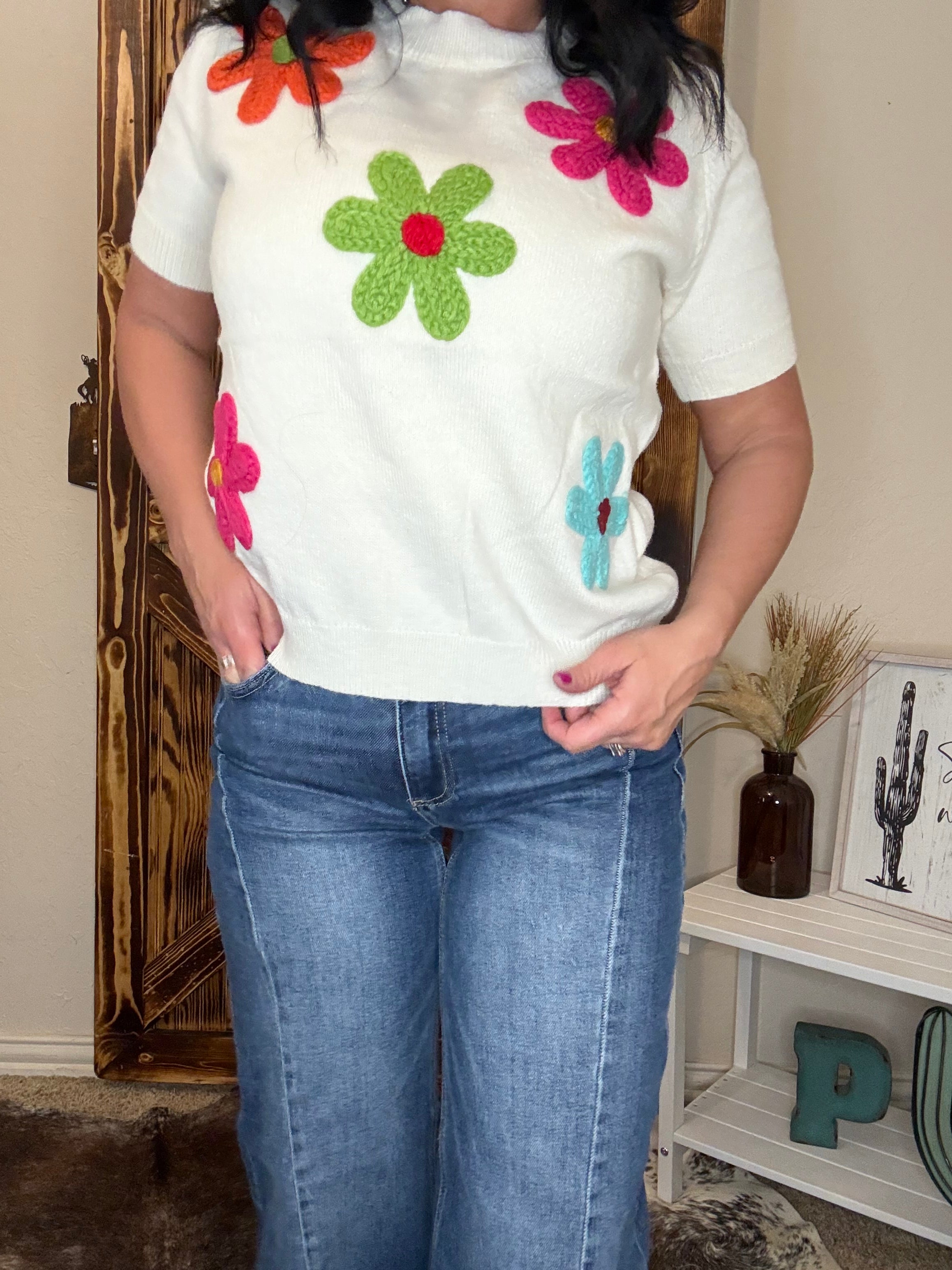 Crochet Flower Patch Sweater Top