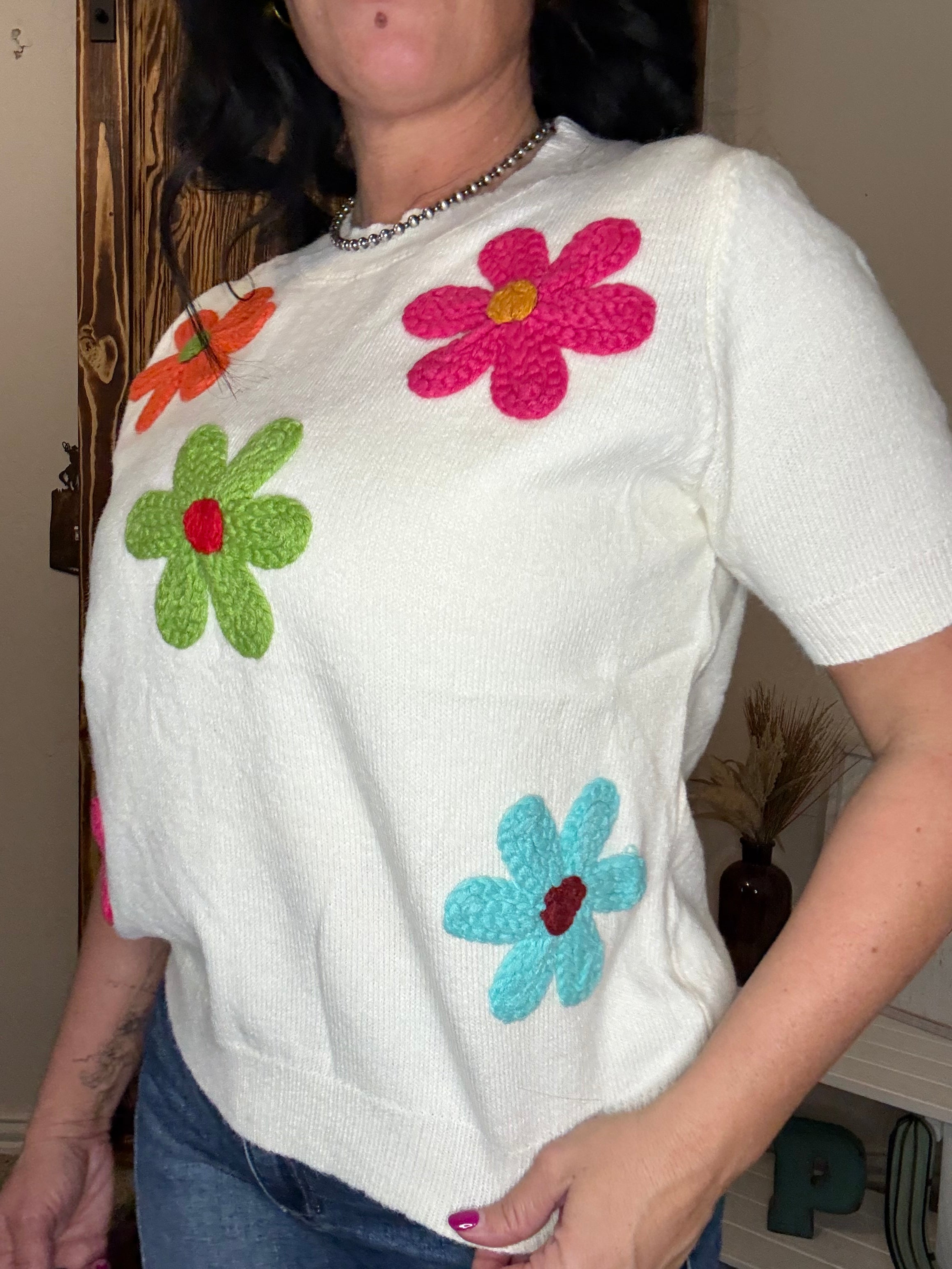 Crochet Flower Patch Sweater Top
