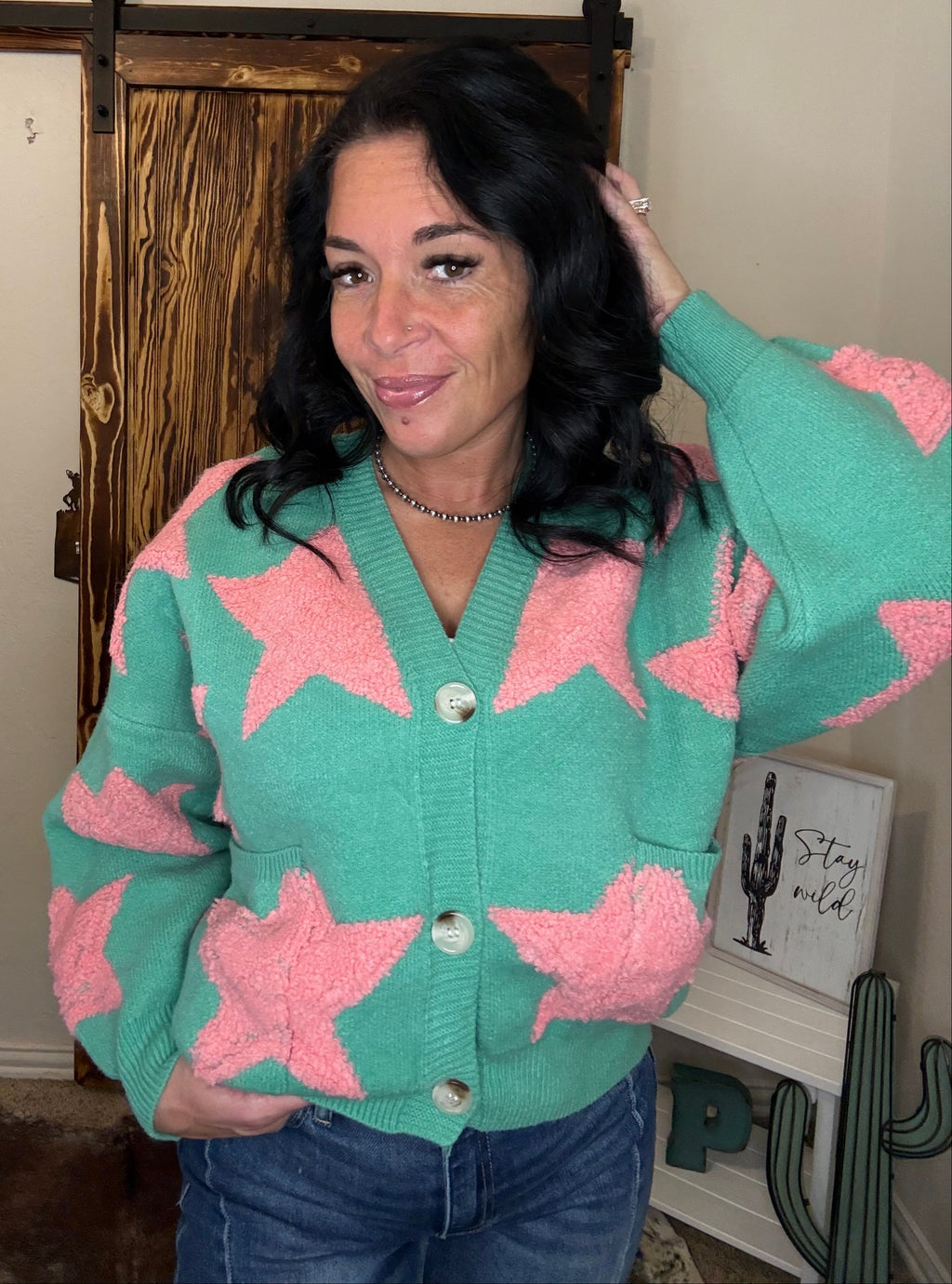 3 Button Green Star Cardigan