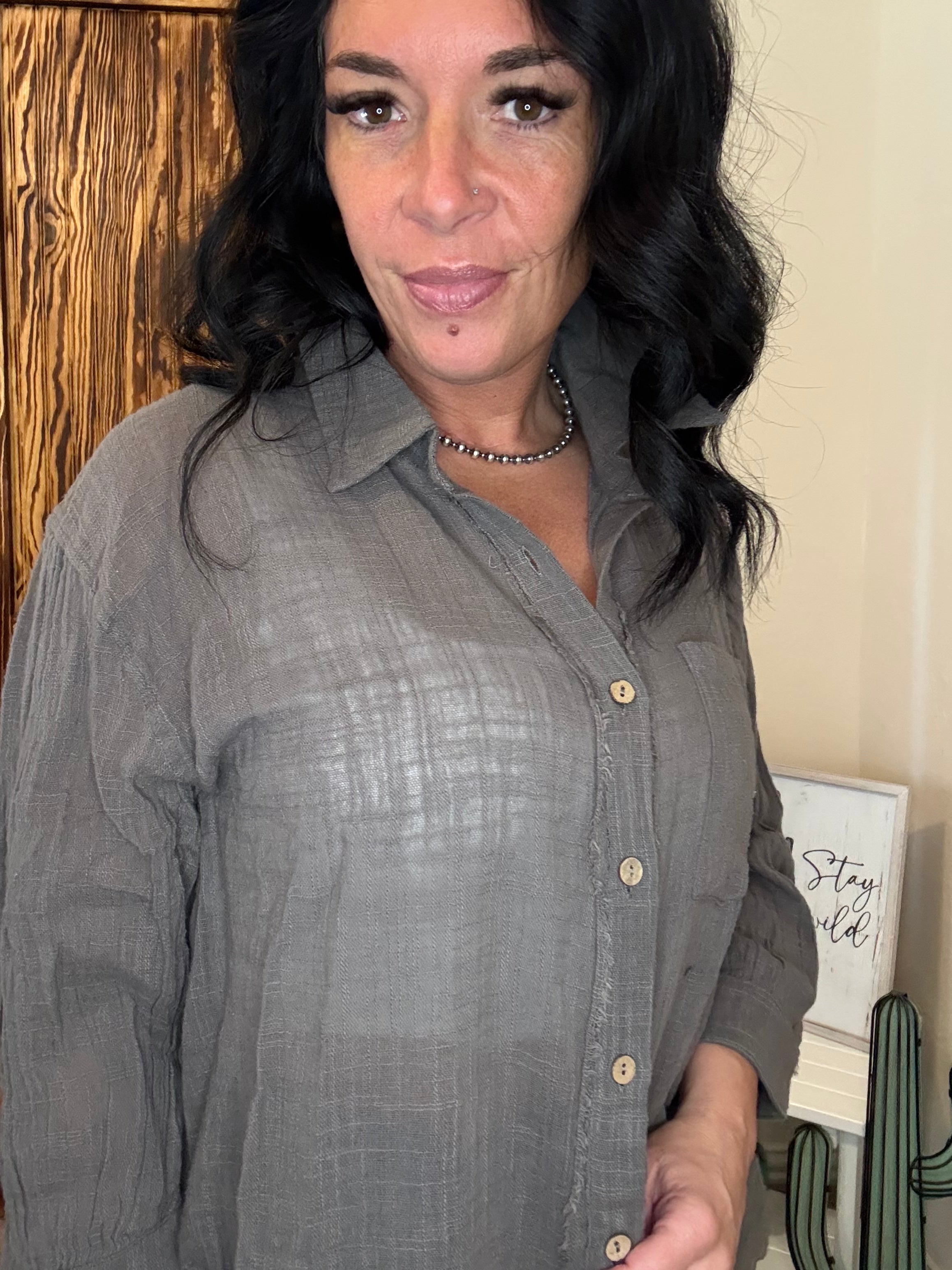 Charcoal Front Pocket Button Down Relaxed Fit Top