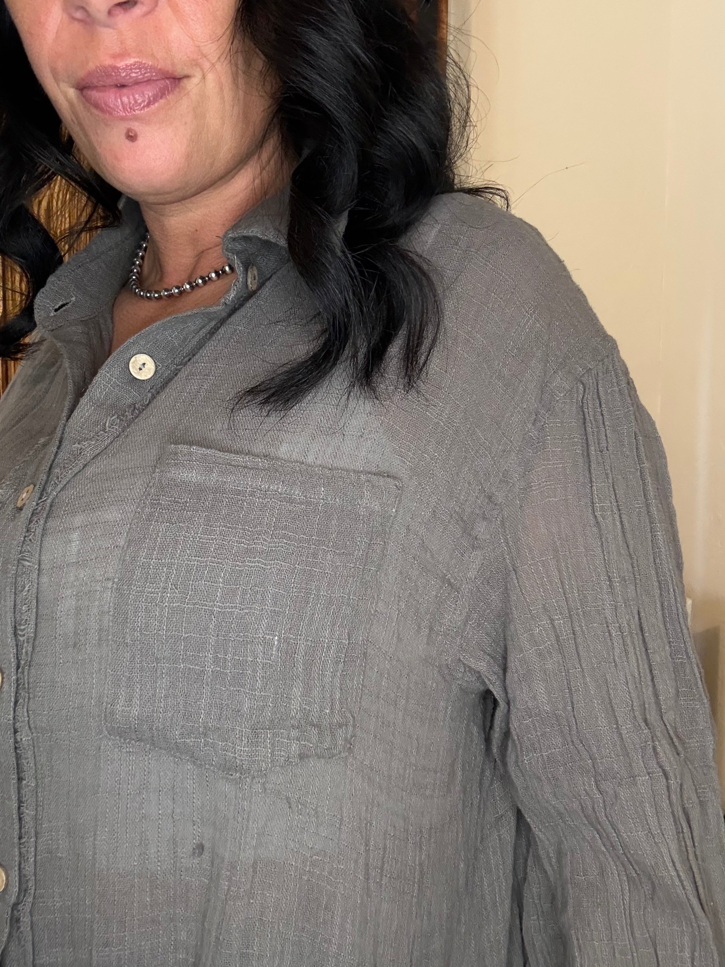 Charcoal Front Pocket Button Down Relaxed Fit Top