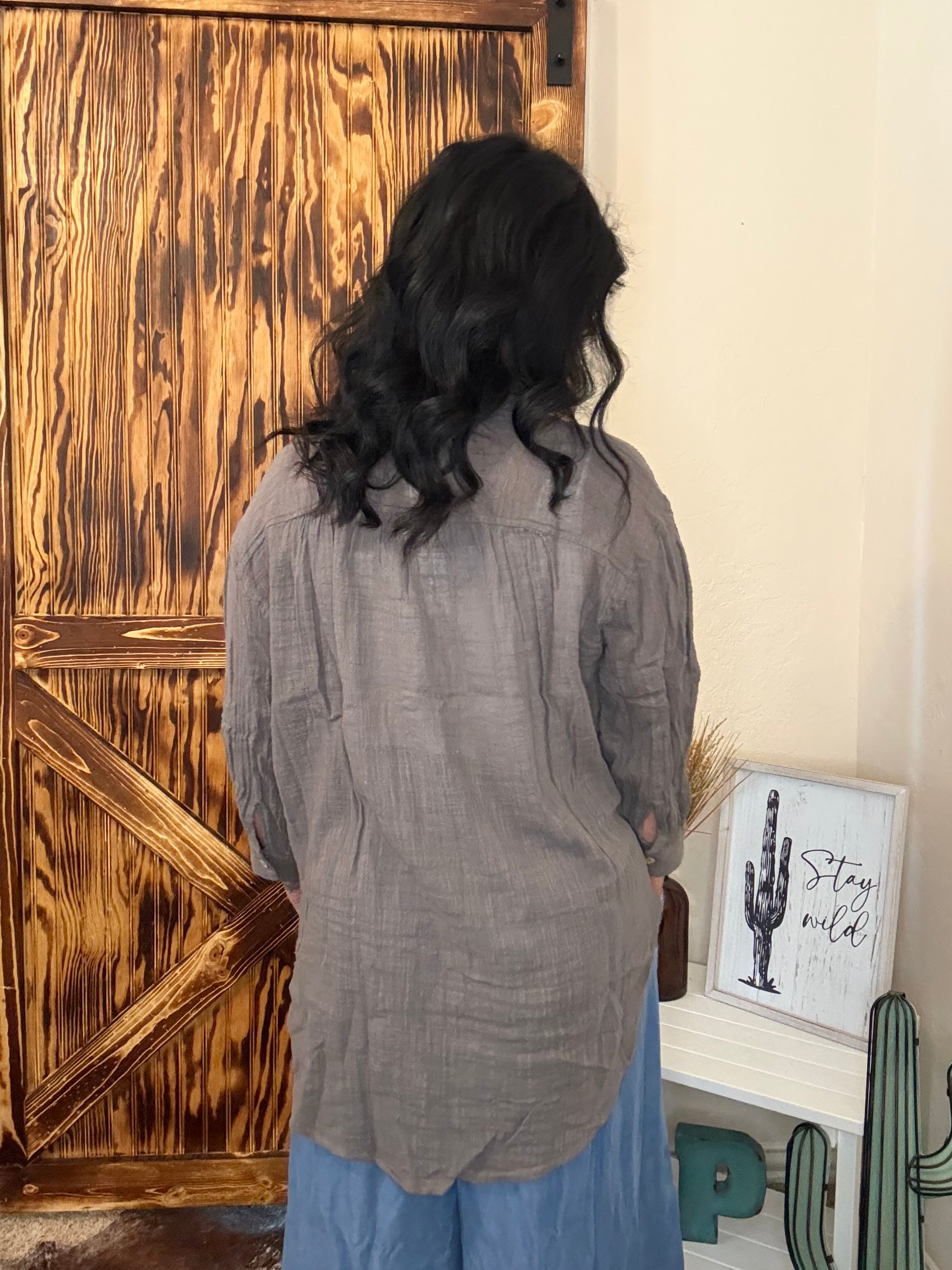 Charcoal Front Pocket Button Down Relaxed Fit Top