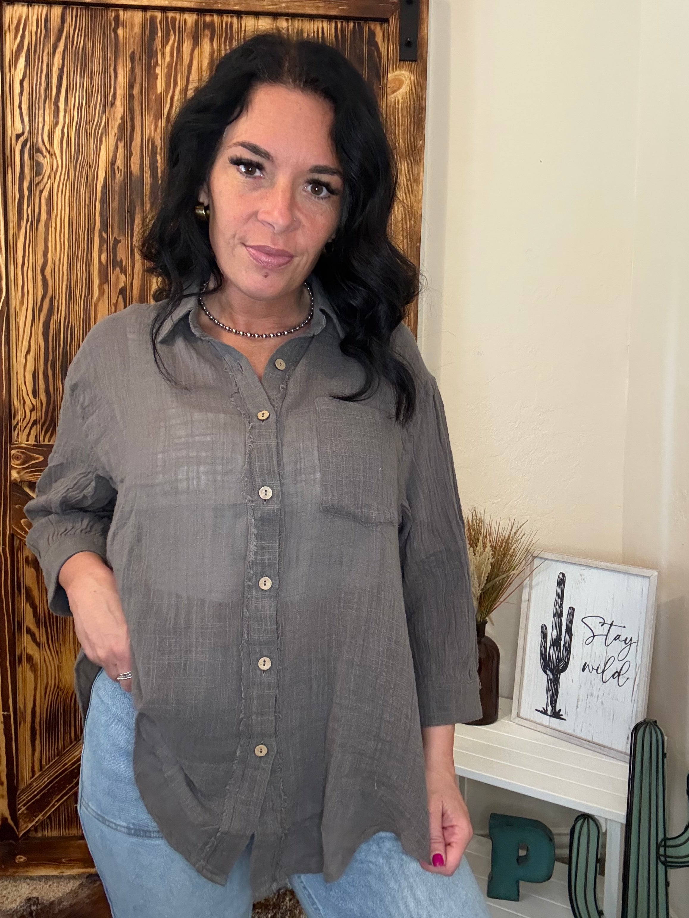 Charcoal Front Pocket Button Down Relaxed Fit Top