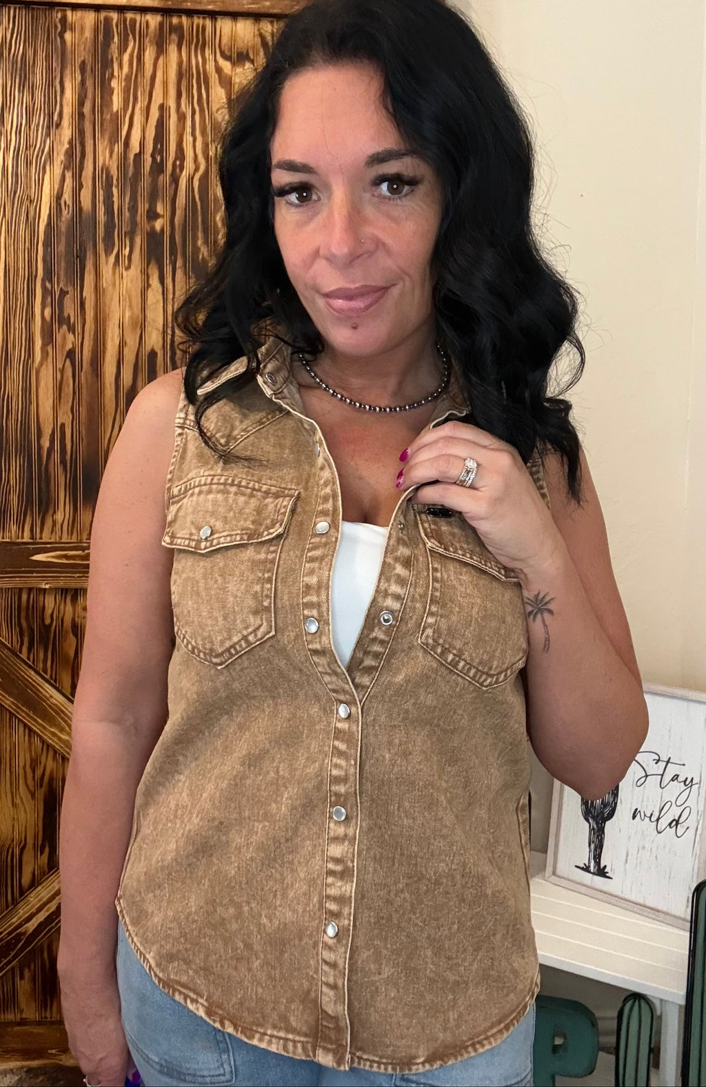 Camel Denim Mineral Wash Sleeveless Pearl Snap Top