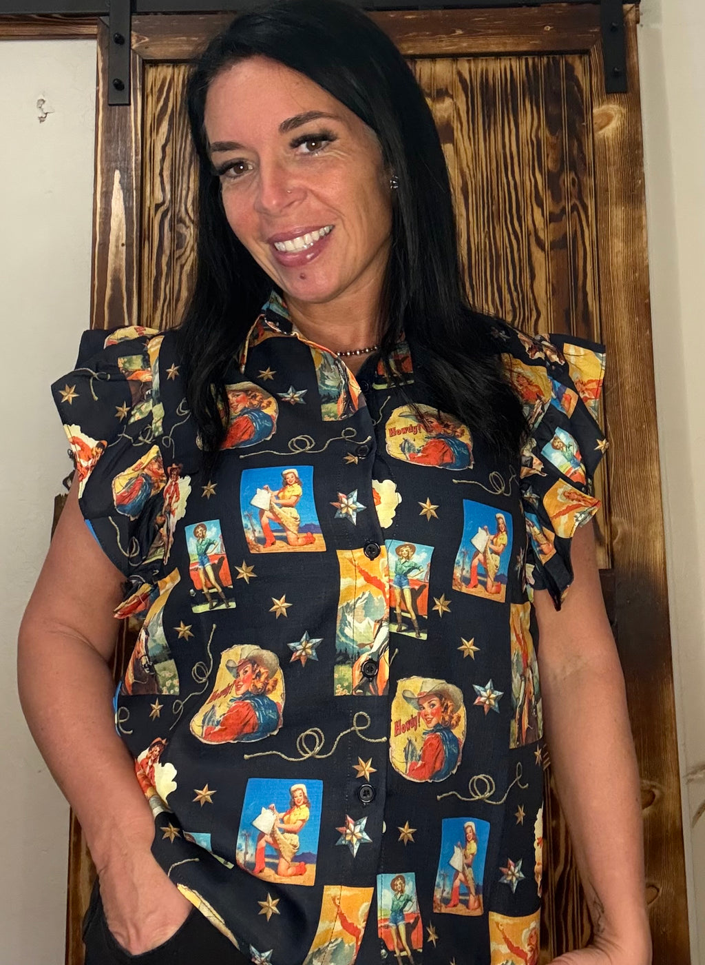 Collage Western Cowgirl Printed Button Down Top
