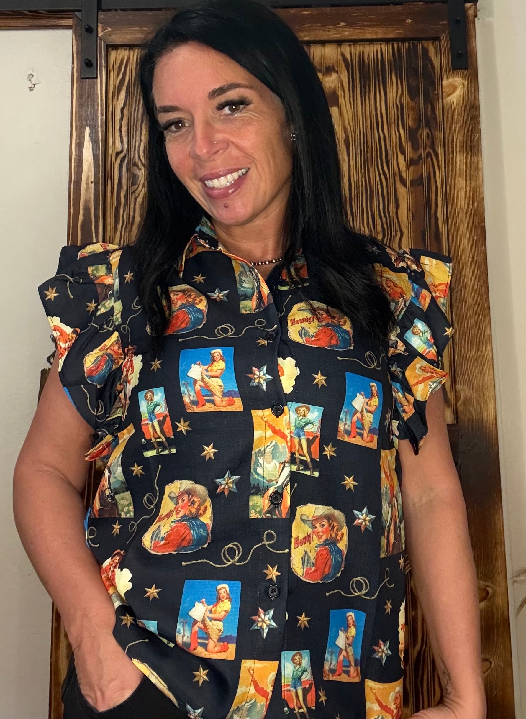Collage Western Cowgirl Printed Button Down Top