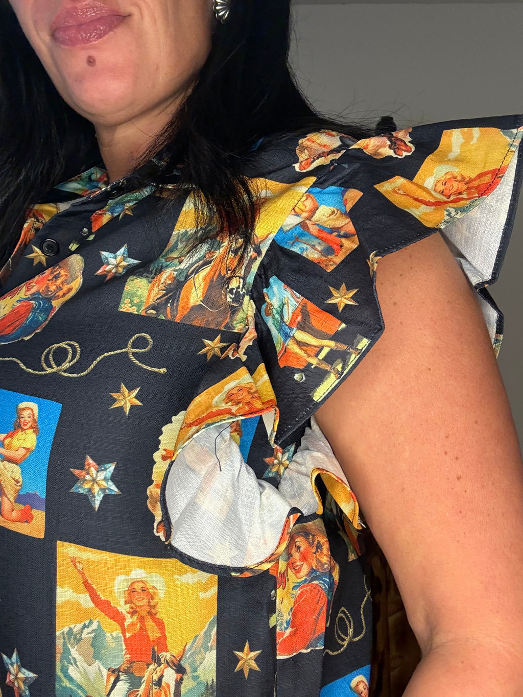Collage Western Cowgirl Printed Button Down Top