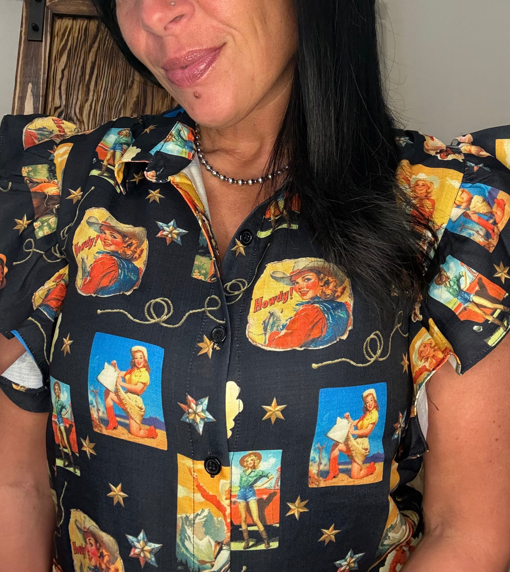 Collage Western Cowgirl Printed Button Down Top