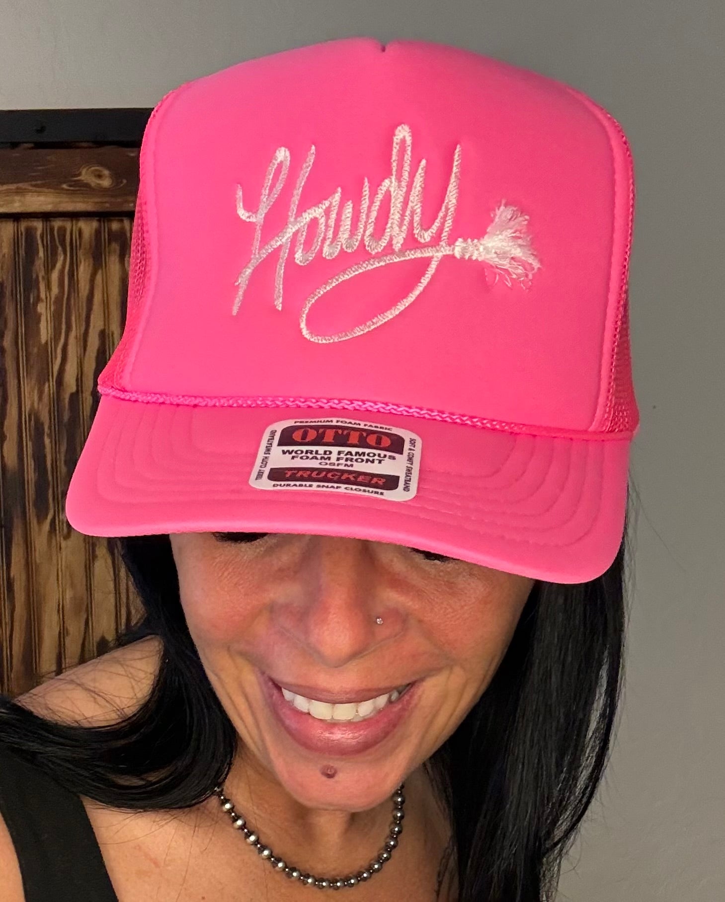 Embroidered Howdy with Fringe Rope - Hot Pink Otto Trucker