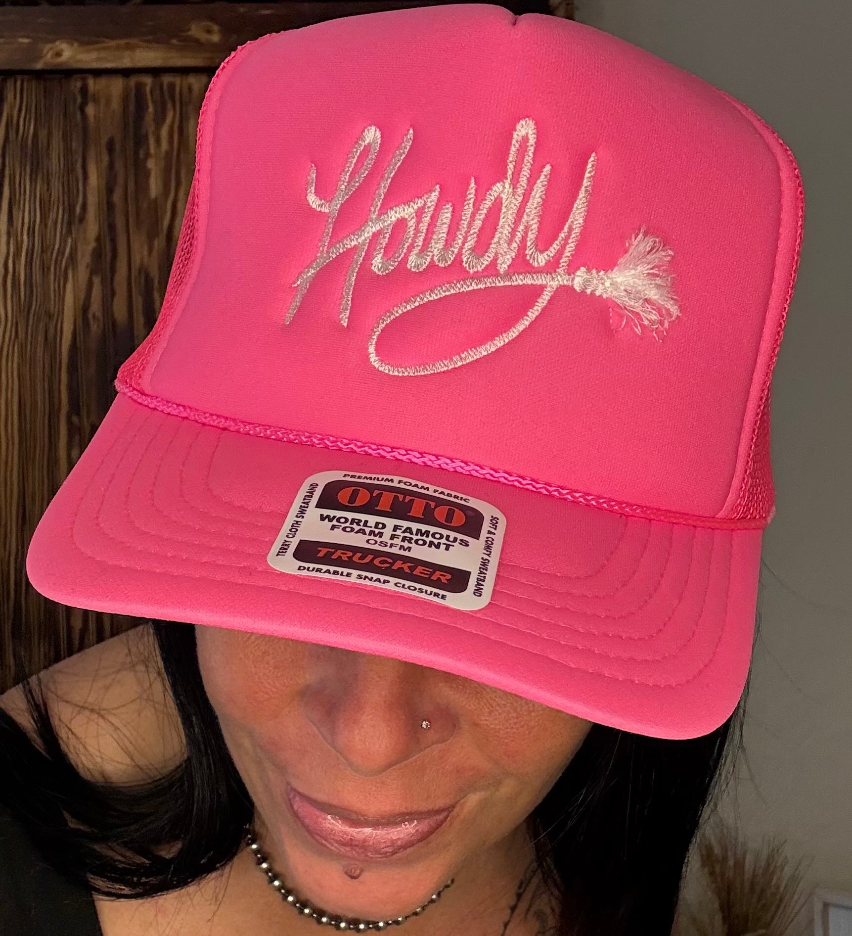 Embroidered Howdy with Fringe Rope - Hot Pink Otto Trucker