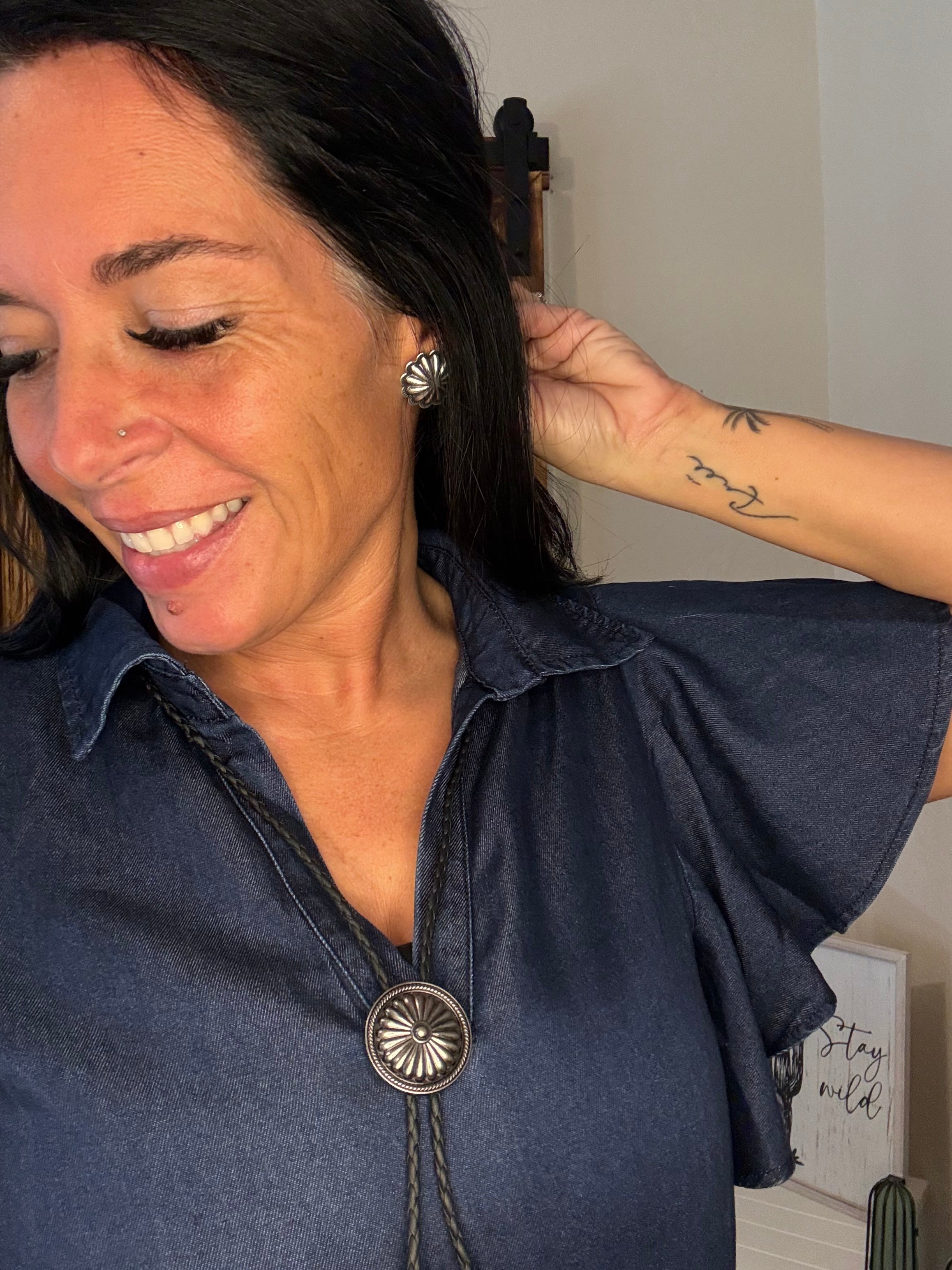 Dark Wash Ruffle Short Sleeve Stretch Denim Dress