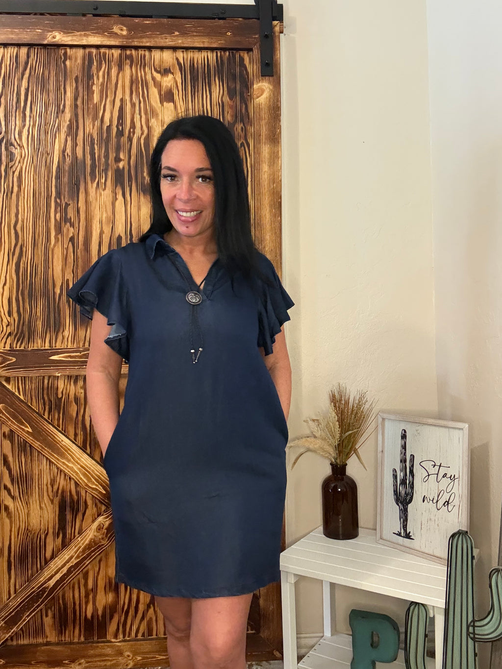 Dark Wash Ruffle Short Sleeve Stretch Denim Dress