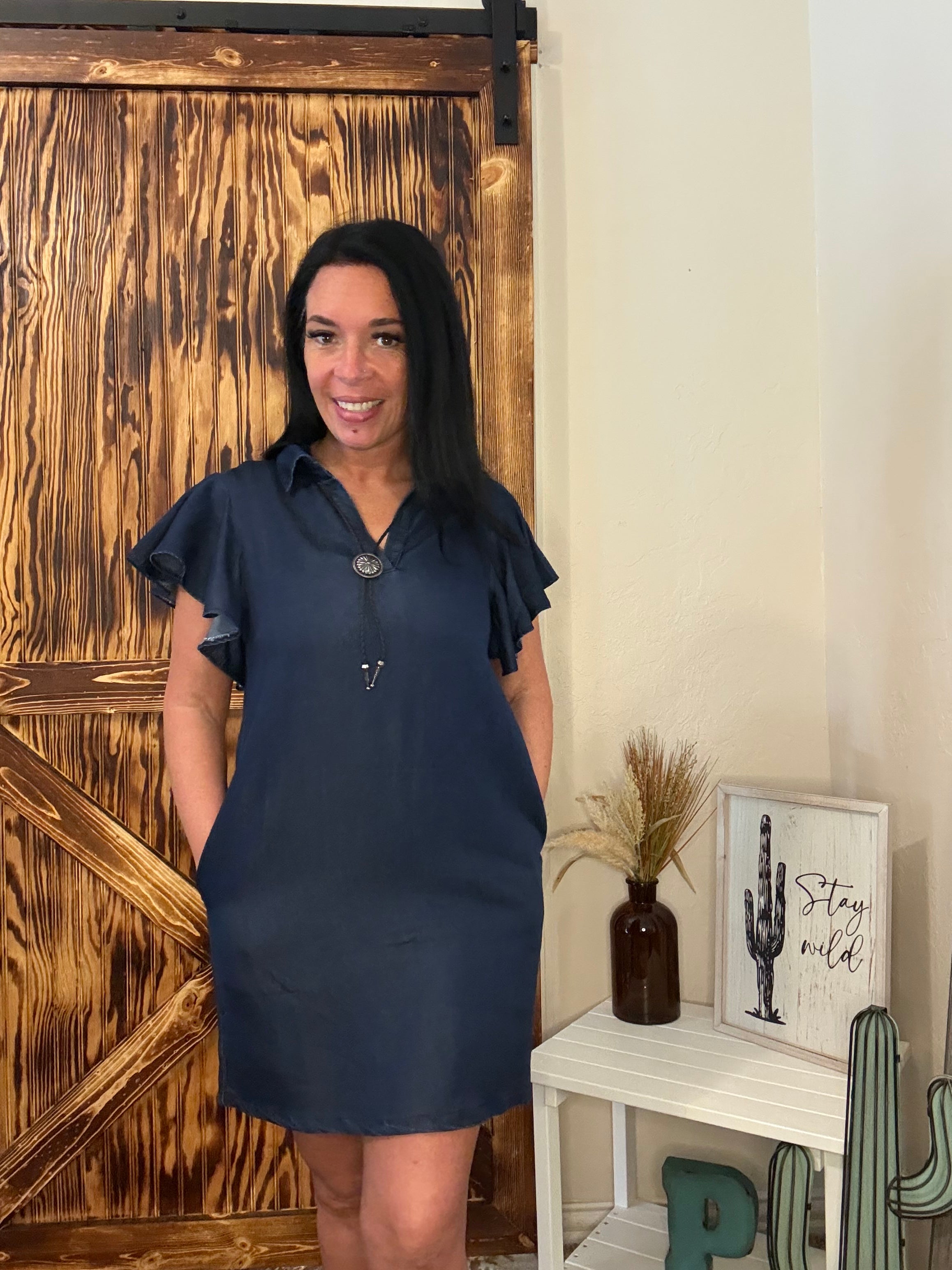Dark Wash Ruffle Short Sleeve Stretch Denim Dress