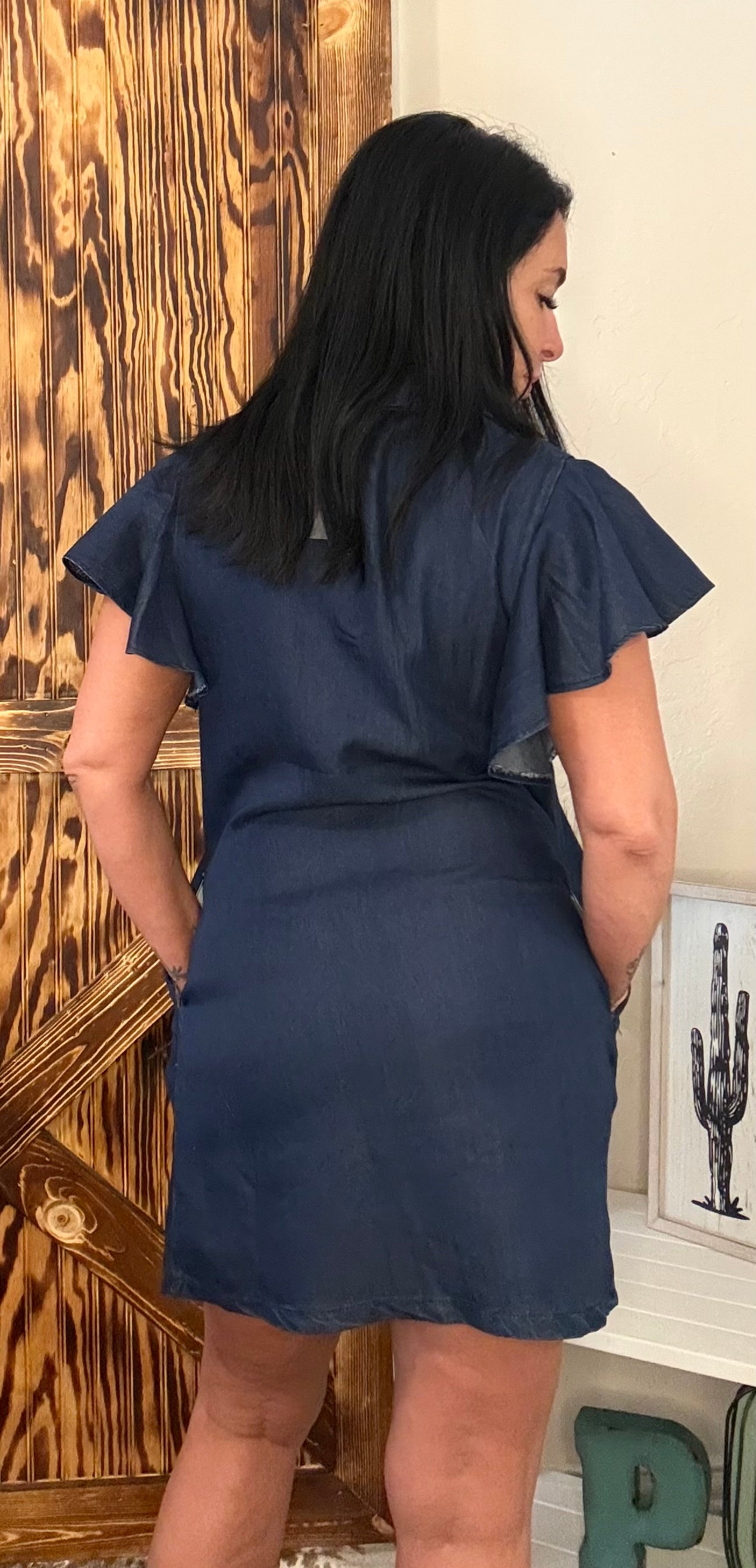 Dark Wash Ruffle Short Sleeve Stretch Denim Dress