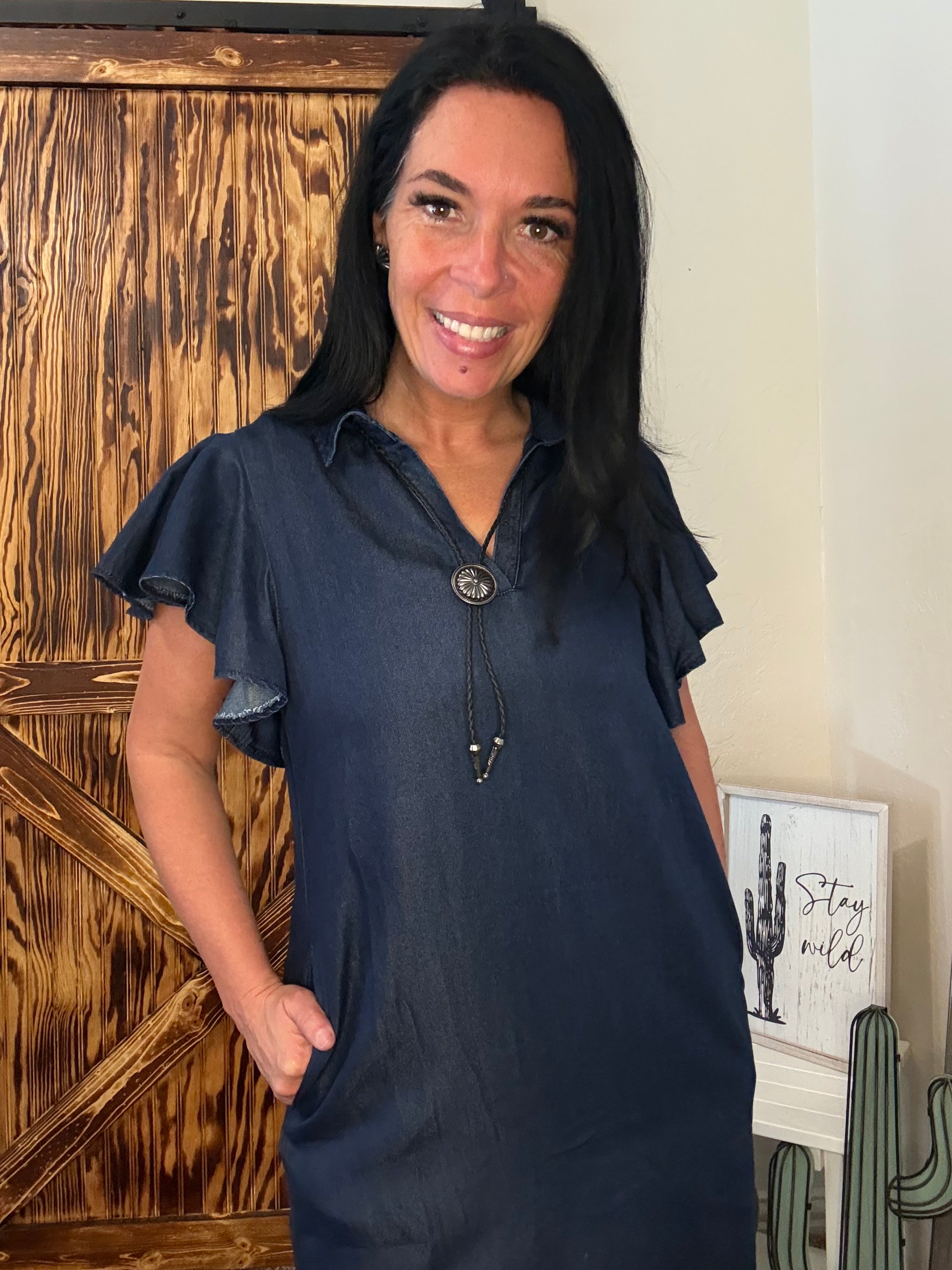 Dark Wash Ruffle Short Sleeve Stretch Denim Dress