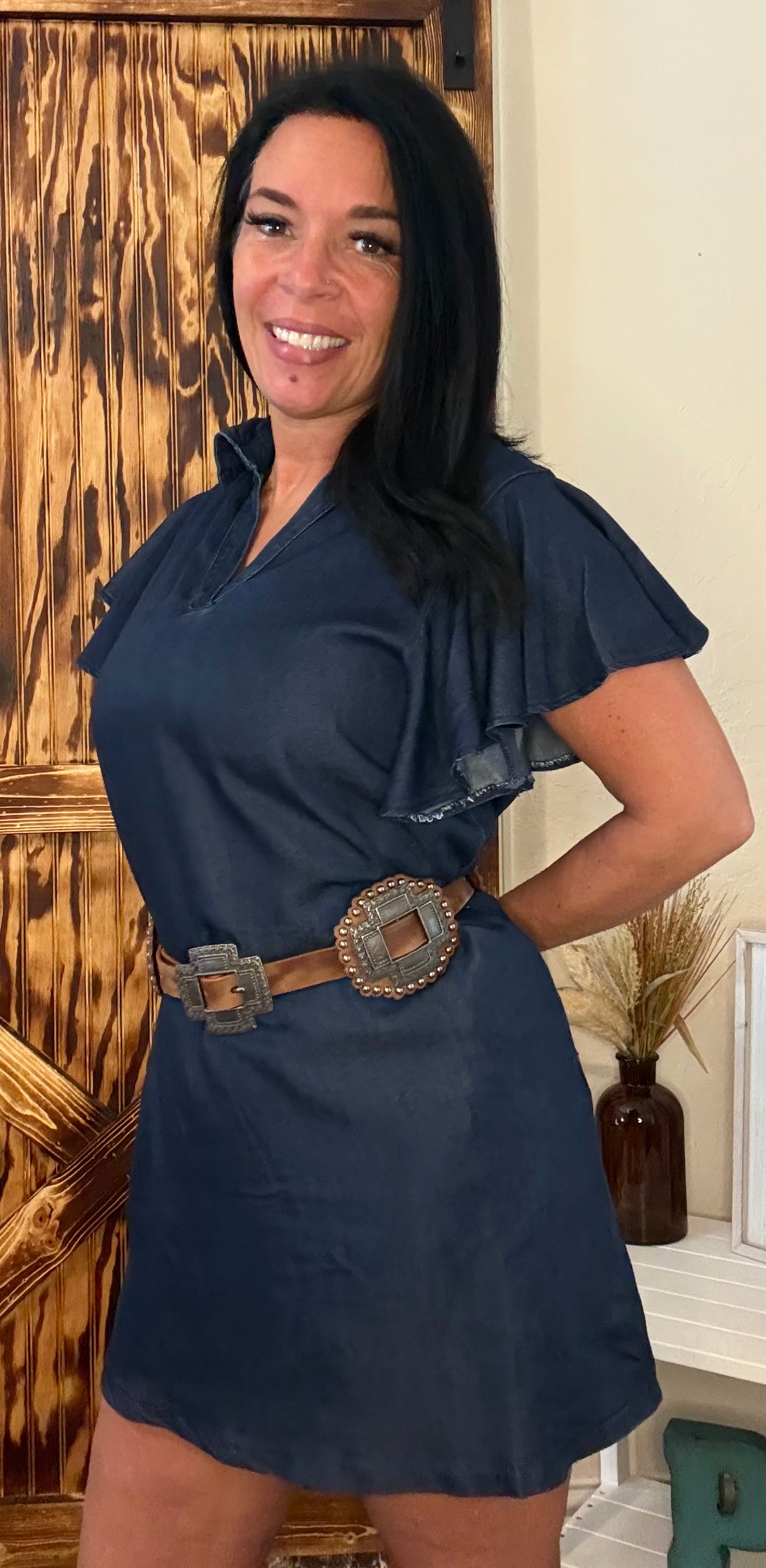 Dark Wash Ruffle Short Sleeve Stretch Denim Dress