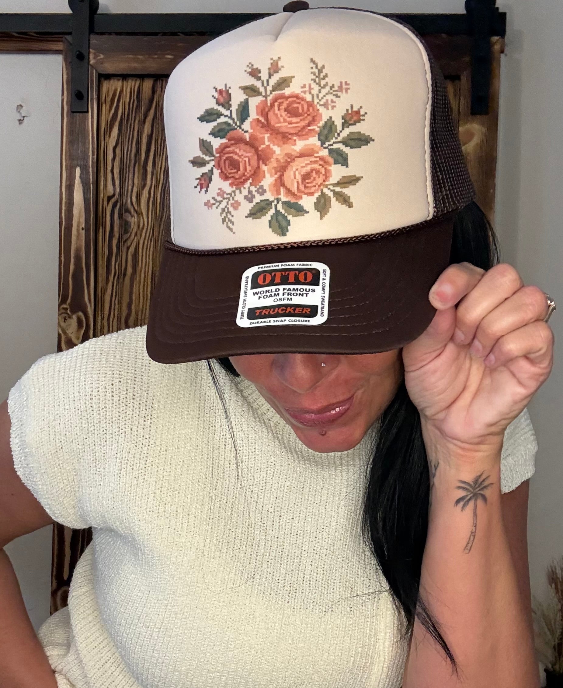 Cross Stitch Roses - Brown & Tan Otto Trucker