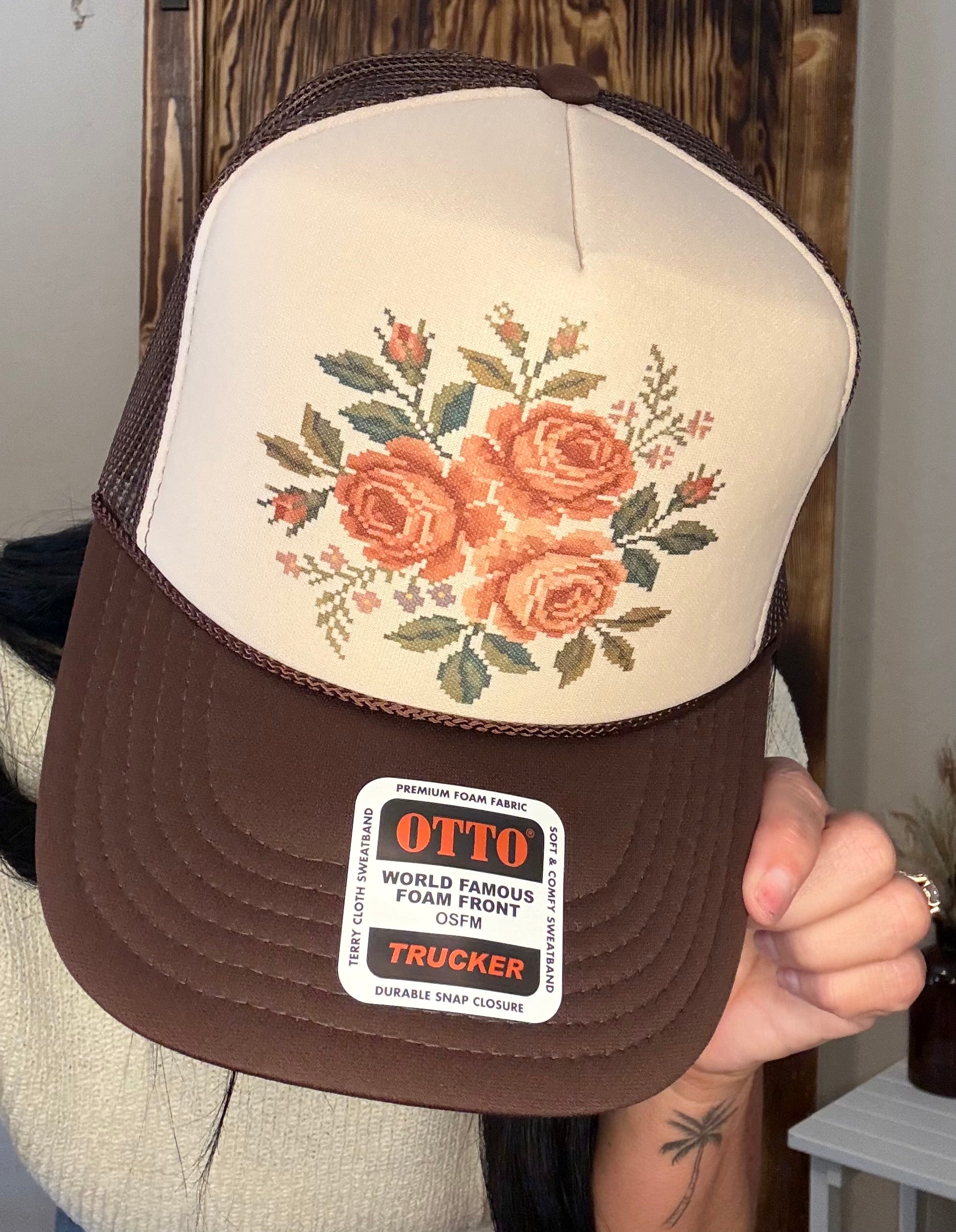 Cross Stitch Roses - Brown & Tan Otto Trucker