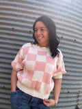 Coral Checkered short sleeve sweater