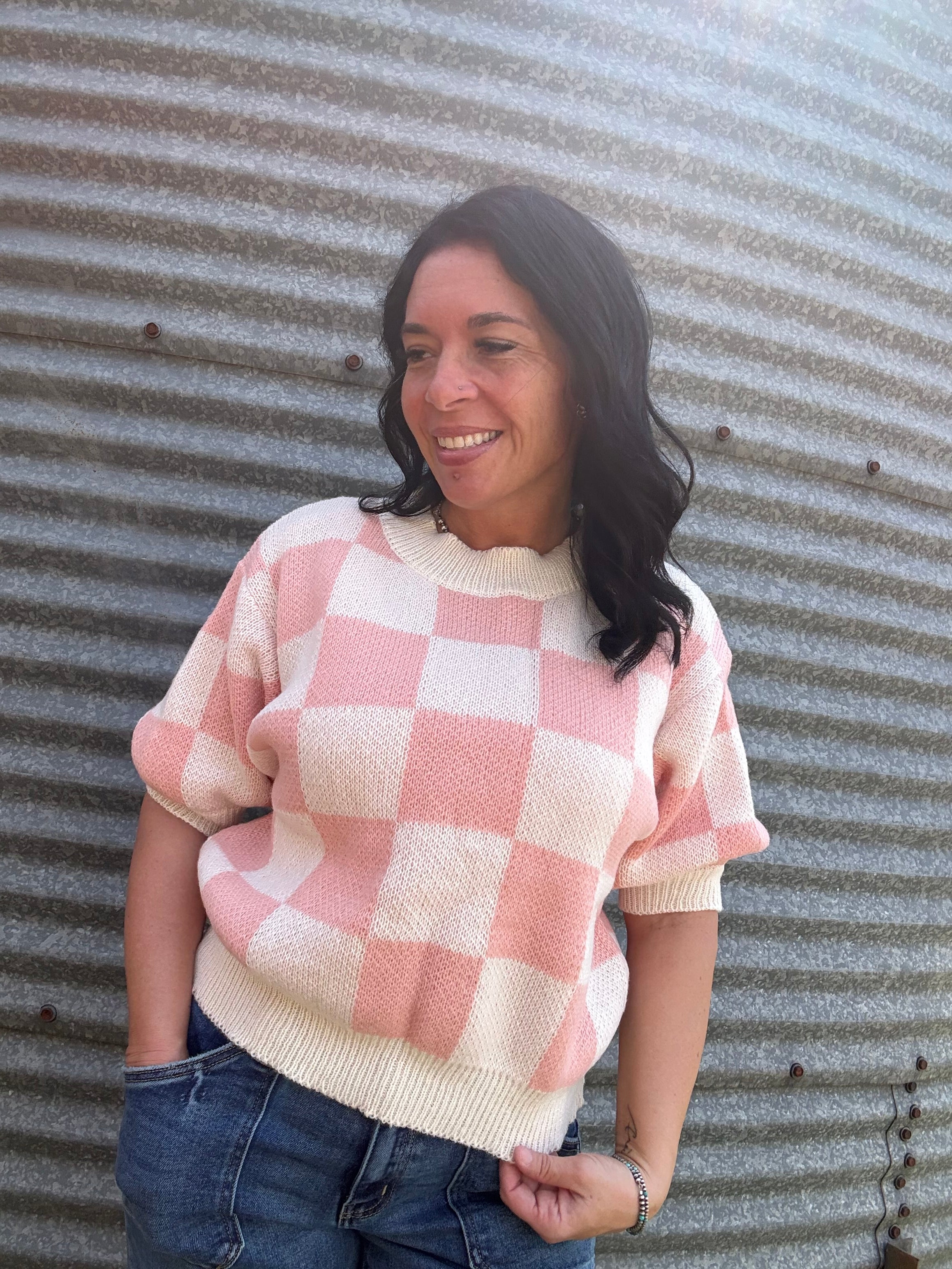 Coral Checkered short sleeve sweater