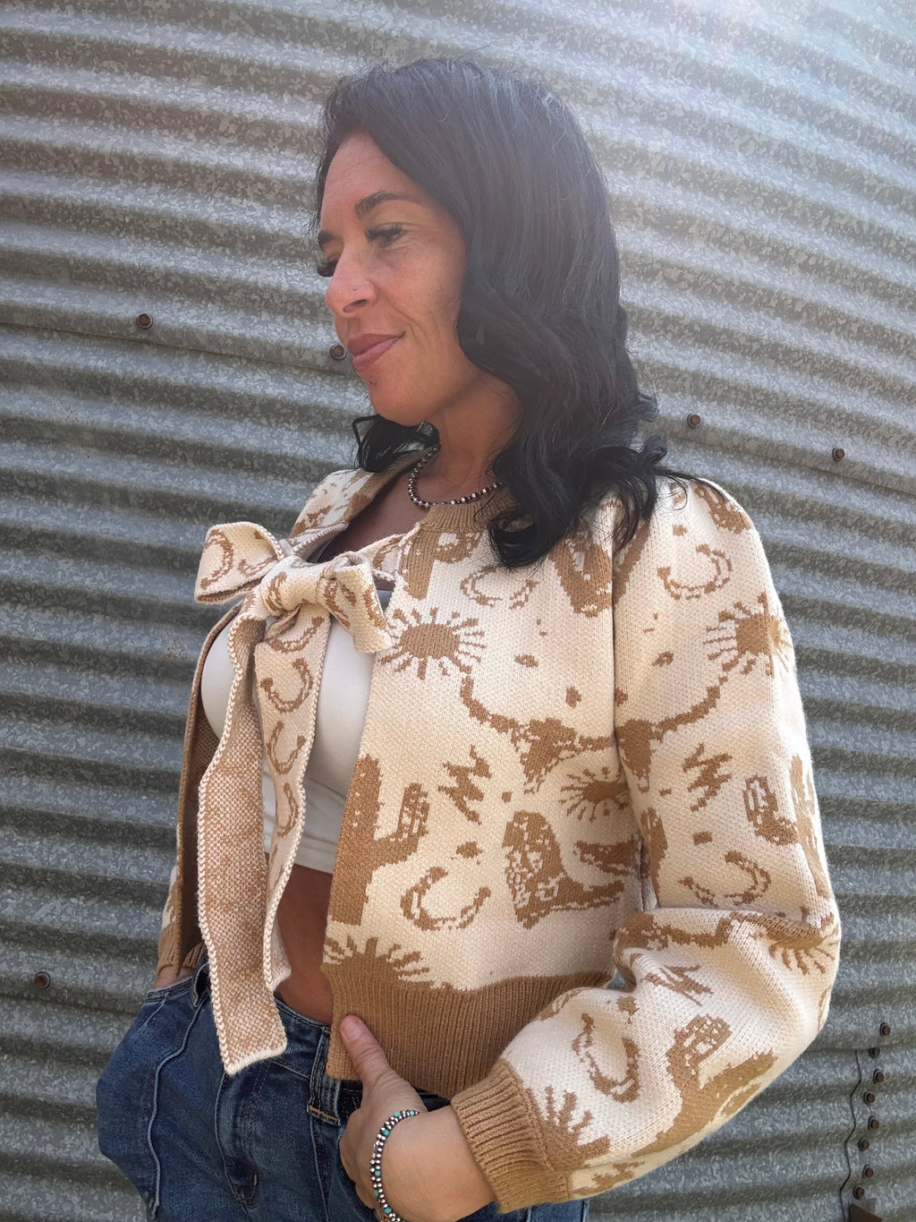 Western Motif Tie Front Cardigan