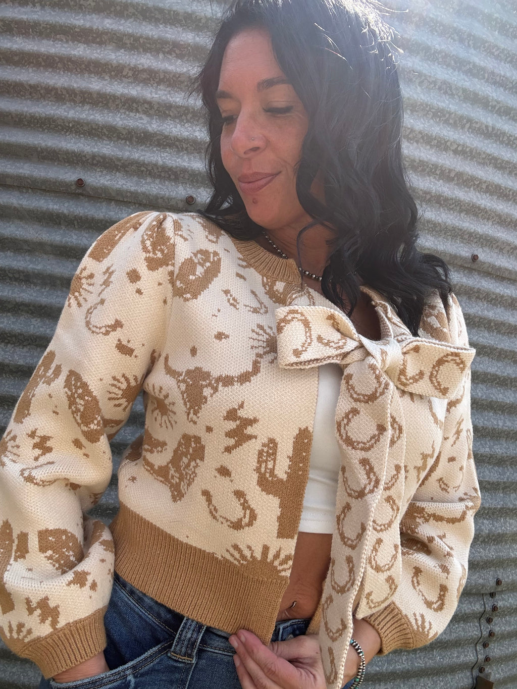 Western Motif Tie Front Cardigan