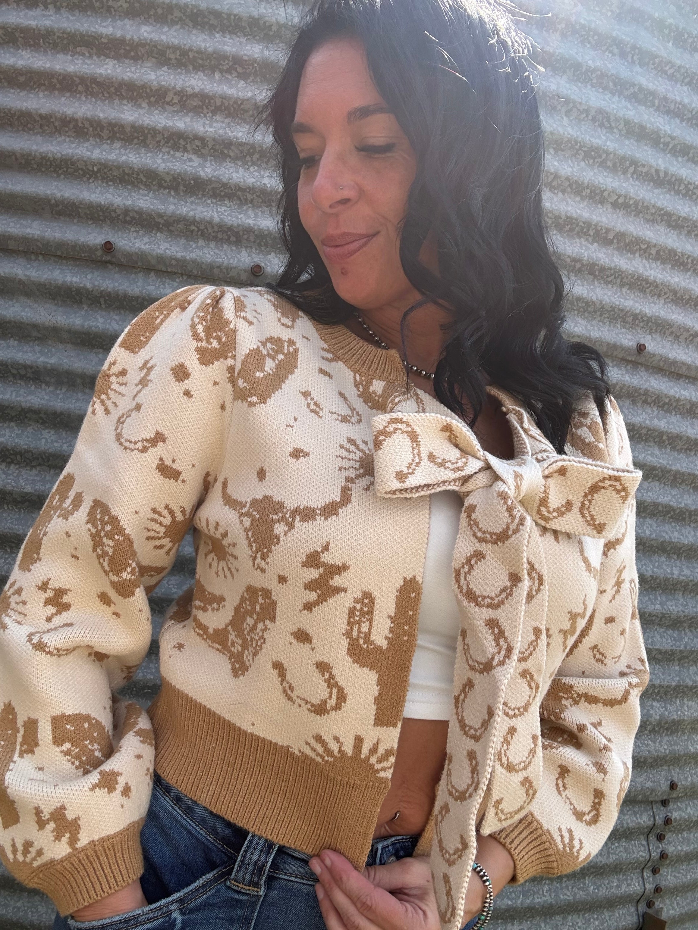 Western Motif Tie Front Cardigan