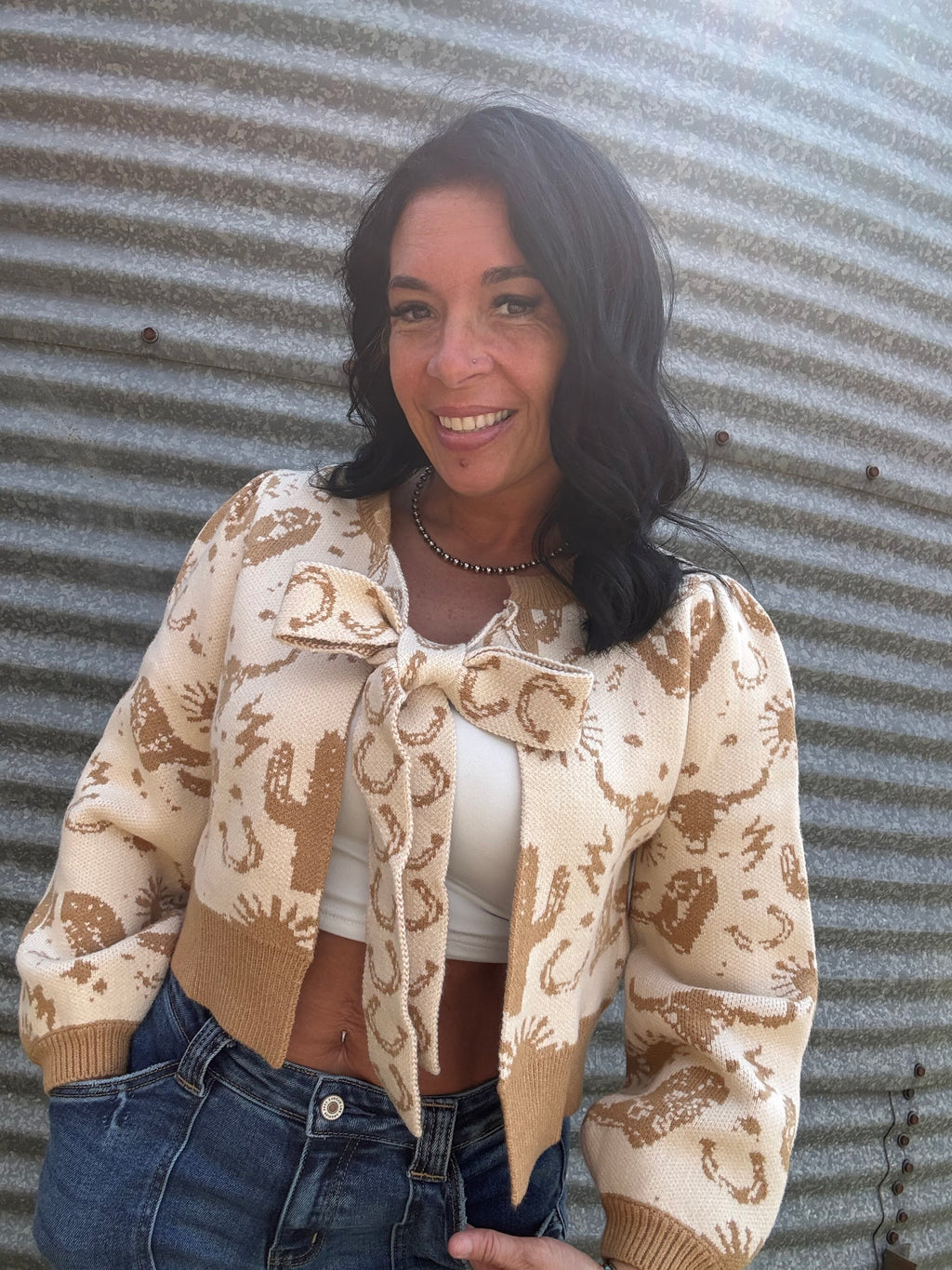 Western Motif Tie Front Cardigan