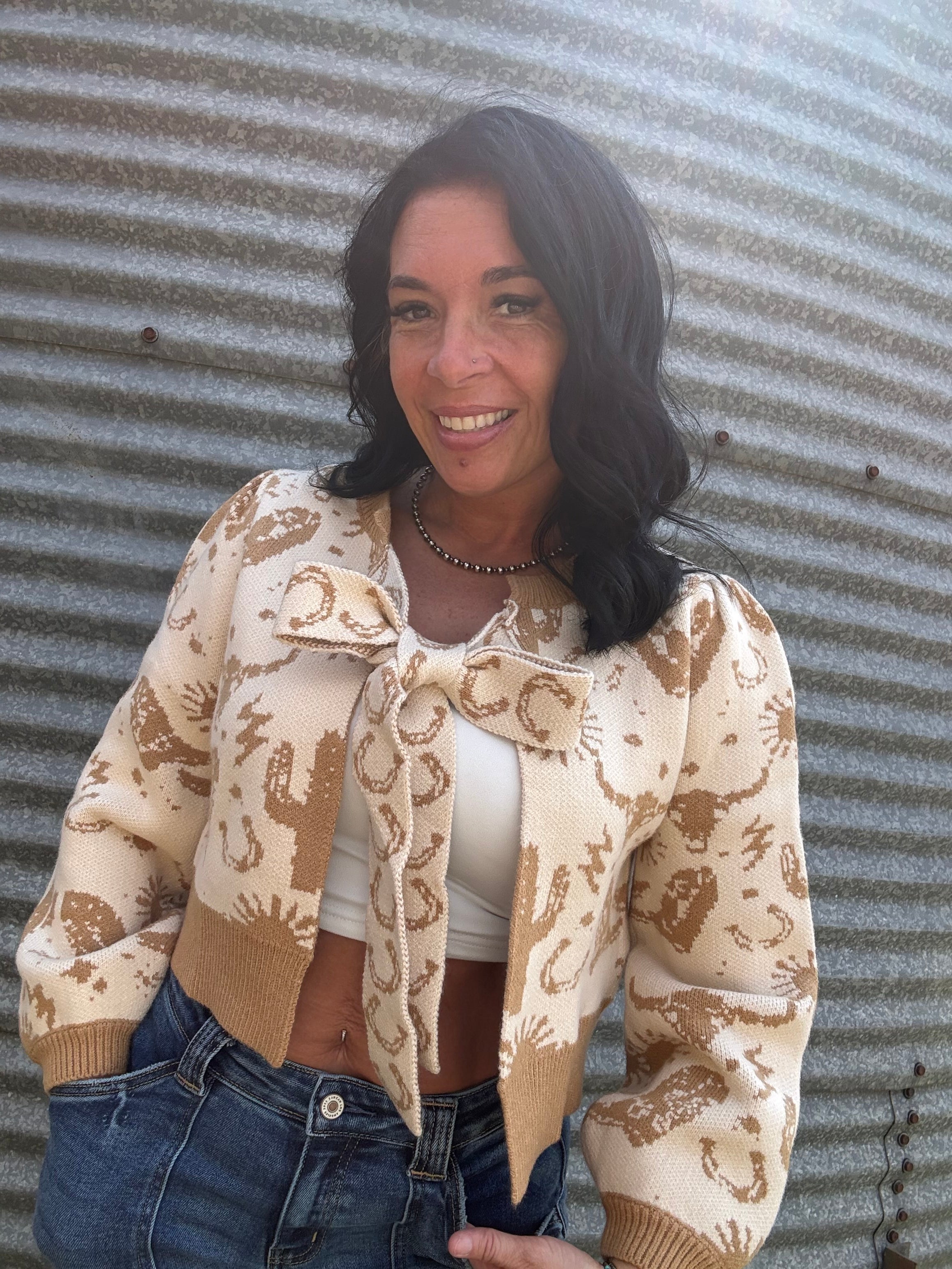 Western Motif Tie Front Cardigan