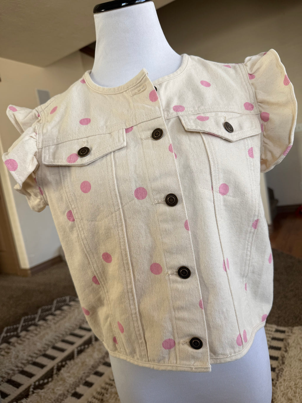 Polka Dot Printed Washed Twill Denim Cropped Vest