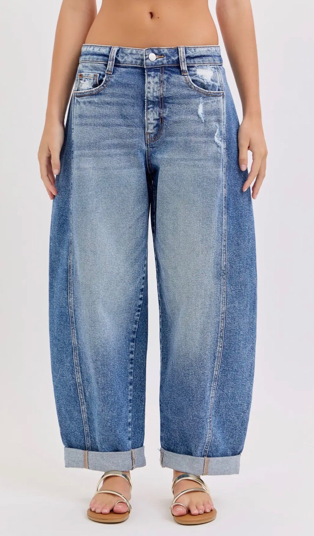 Mid Waist Barrel Leg with Rolled Cuff