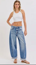 Mid Waist Barrel Leg with Rolled Cuff