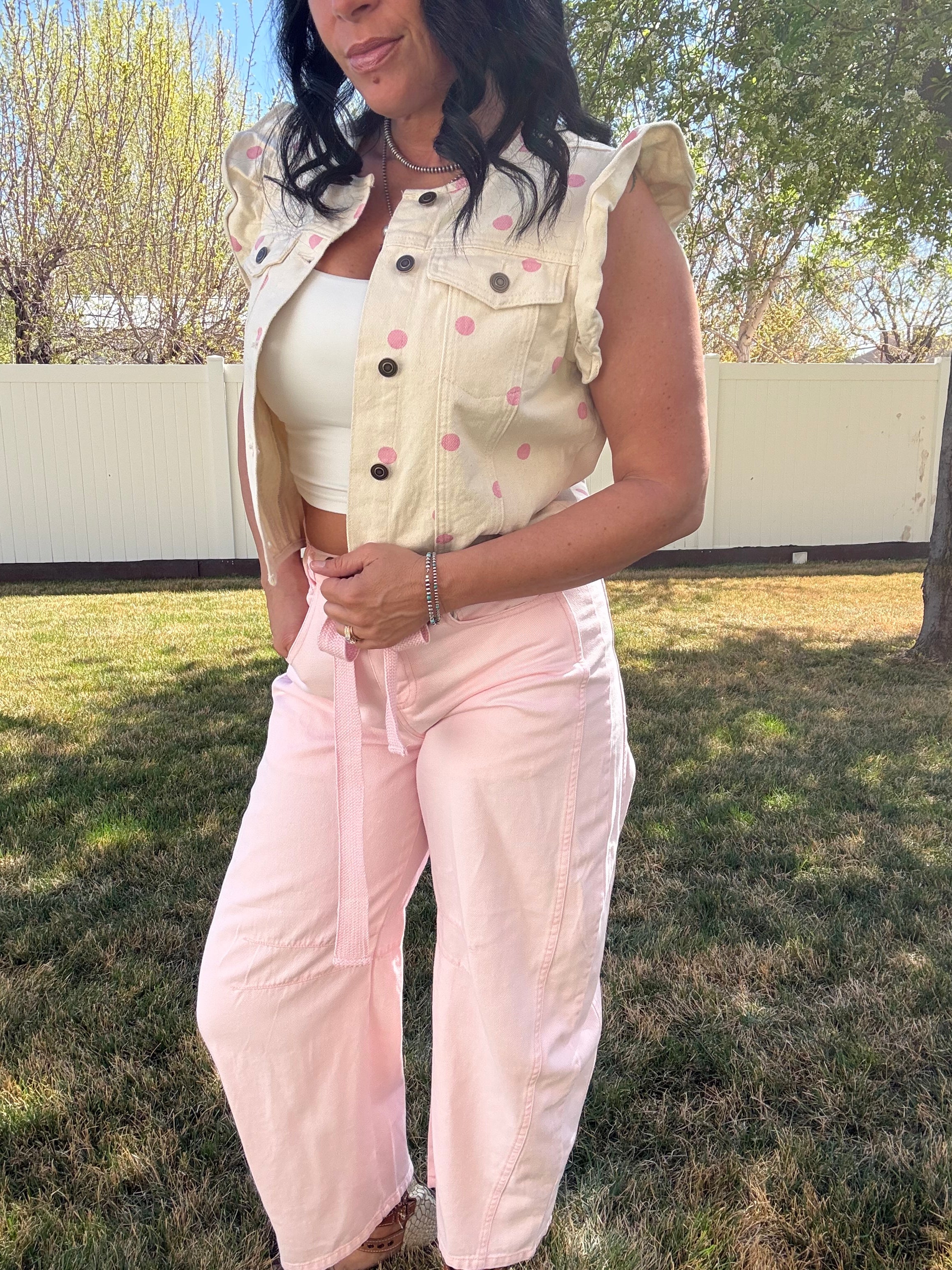 Polka Dot Printed Washed Twill Denim Cropped Vest
