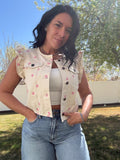Polka Dot Printed Washed Twill Denim Cropped Vest