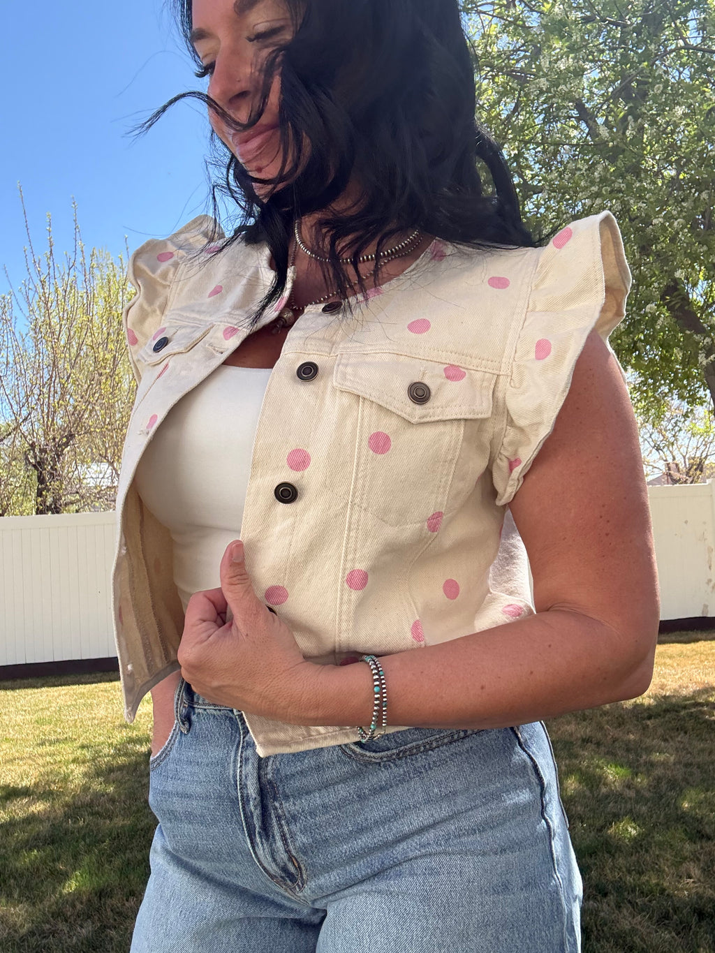 Polka Dot Printed Washed Twill Denim Cropped Vest