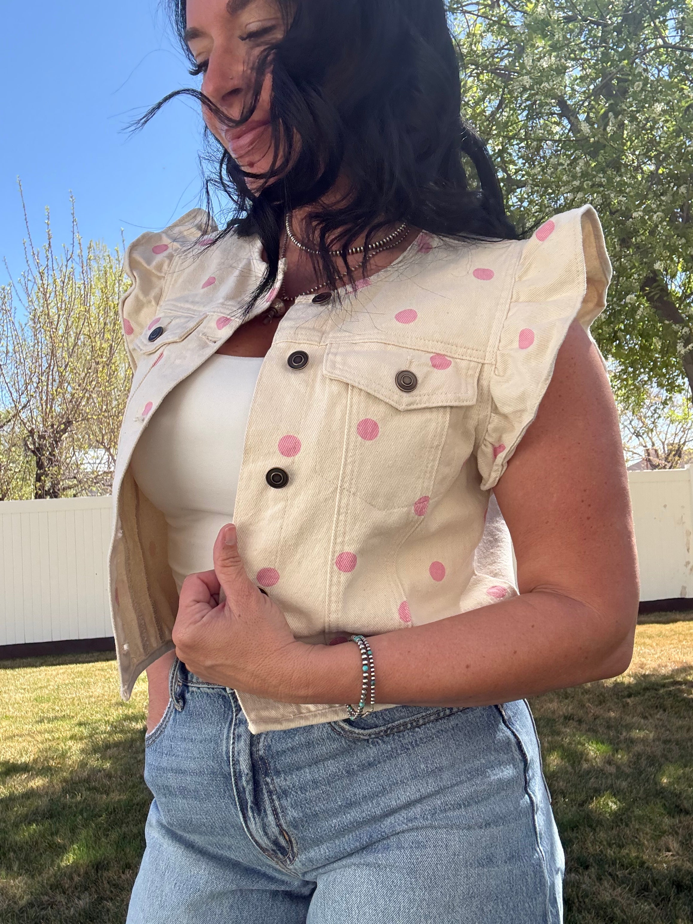 Polka Dot Printed Washed Twill Denim Cropped Vest