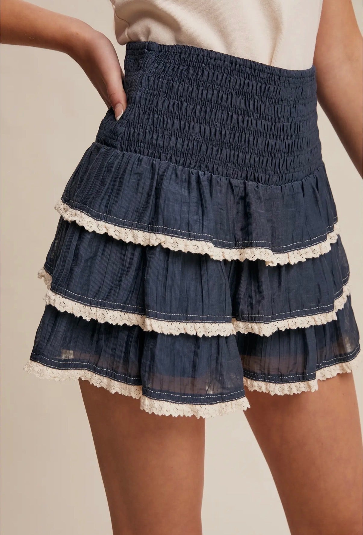 Tiered Ruffle Lace Trim Skort