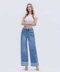 High Rise Medium Wash Cuffed Wide Leg Jeans T6684