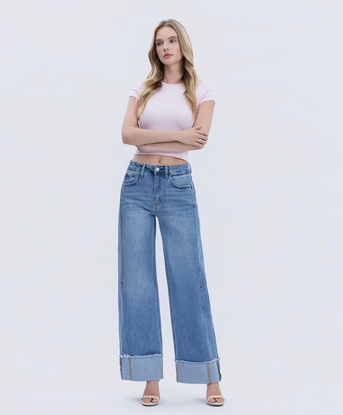 High Rise Medium Wash Cuffed Wide Leg Jeans T6684