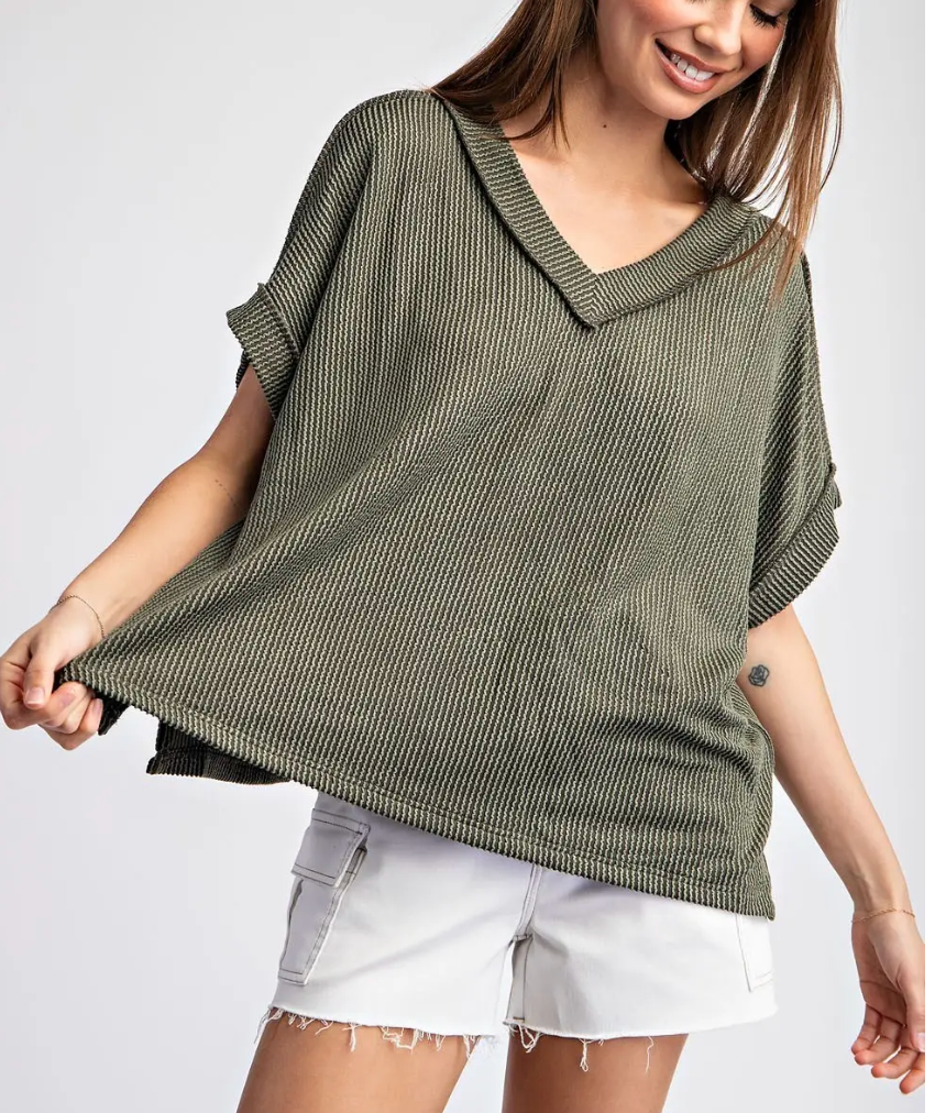 Olive Textured V-Neck Plus Top