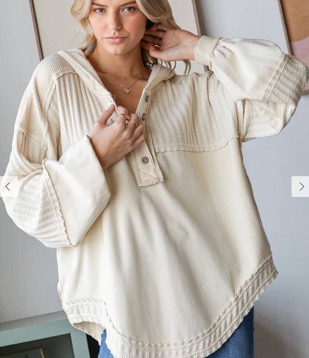 Cream Henley Knit Top with Hood