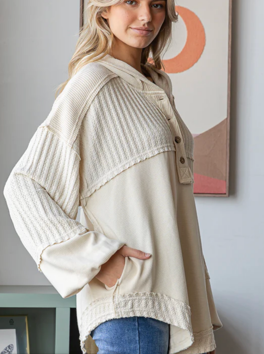 Cream Henley Knit Top with Hood