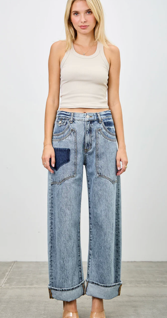 High Rise Western Patched Pocket Low Curve Barrel Jeans