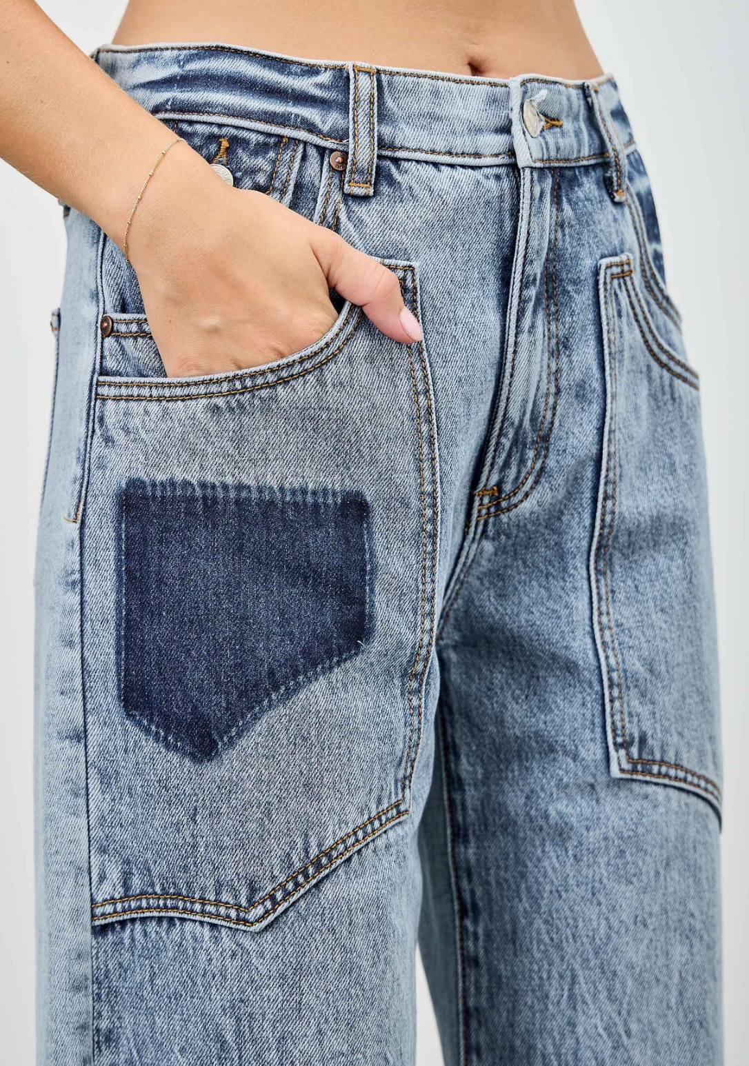 High Rise Western Patched Pocket Low Curve Barrel Jeans