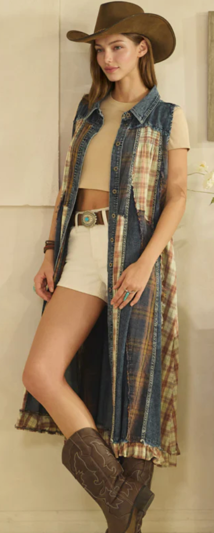 Plaid Ruffle Button Down Duster